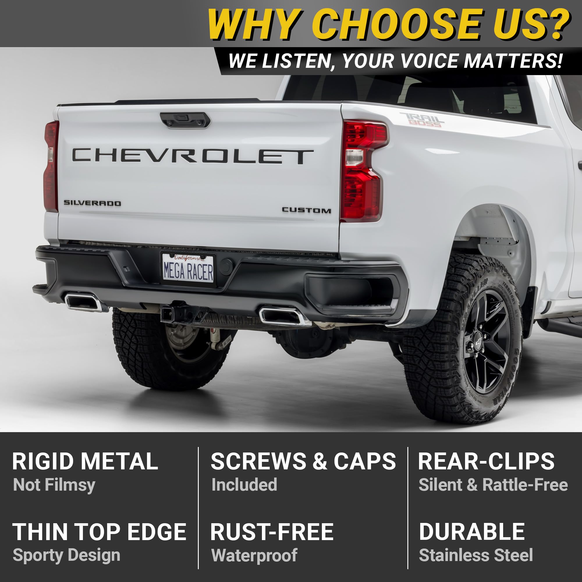 Mega Racer frame on truck rear demonstrating rust resistance and sturdy hold