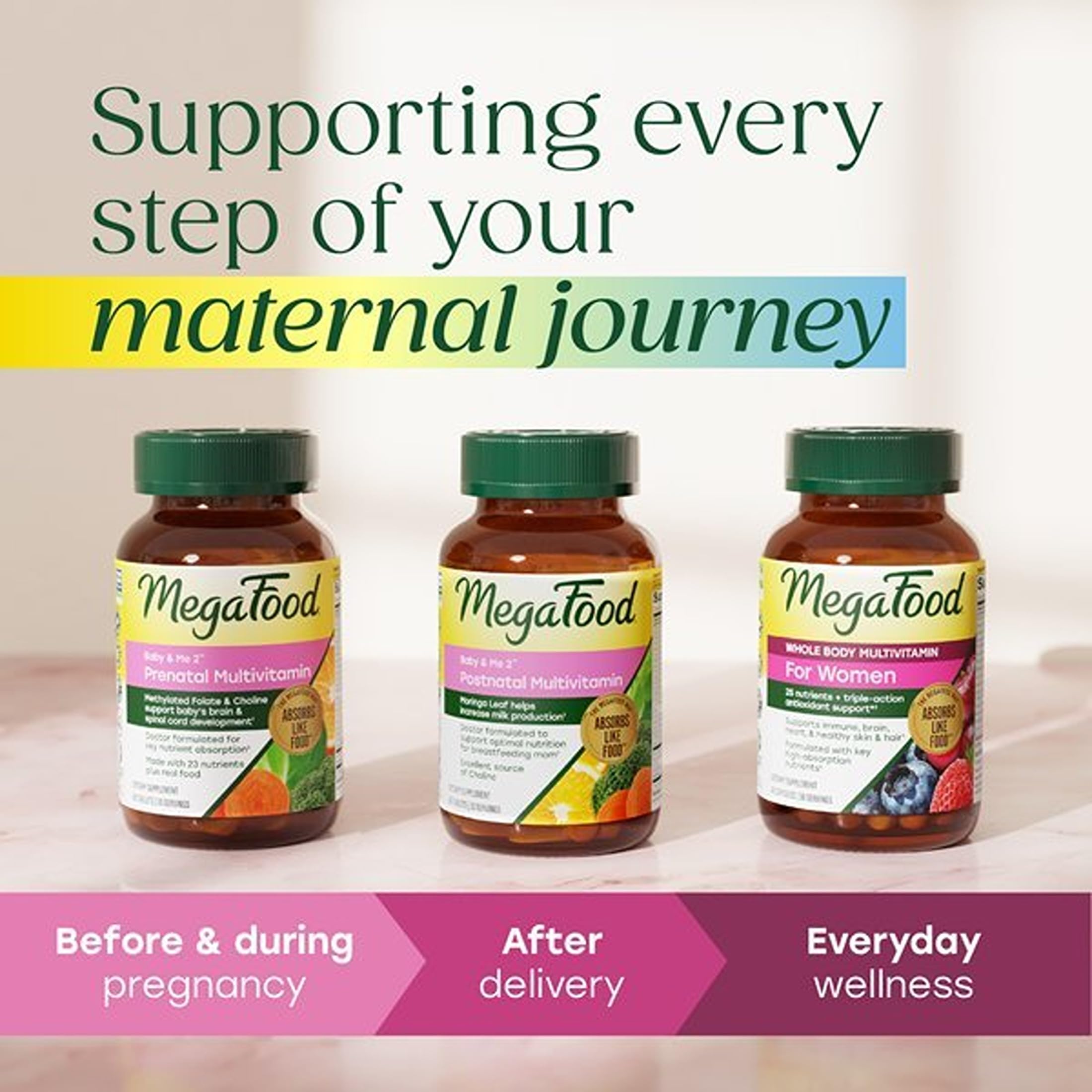 MegaFood madre sostenida relajada representando uso prenatal diario