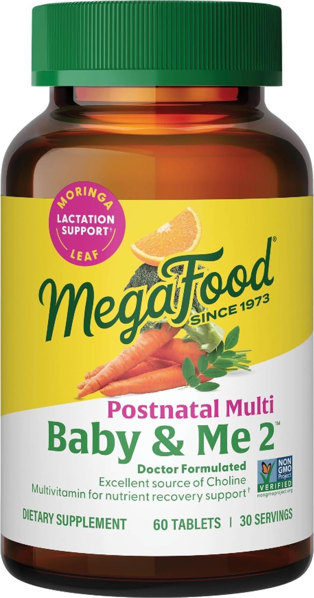 MegaFood empaque frontal mostrando dosificación y beneficios postnatales