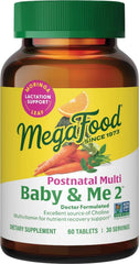 MegaFood empaque frontal mostrando dosificación y beneficios postnatales