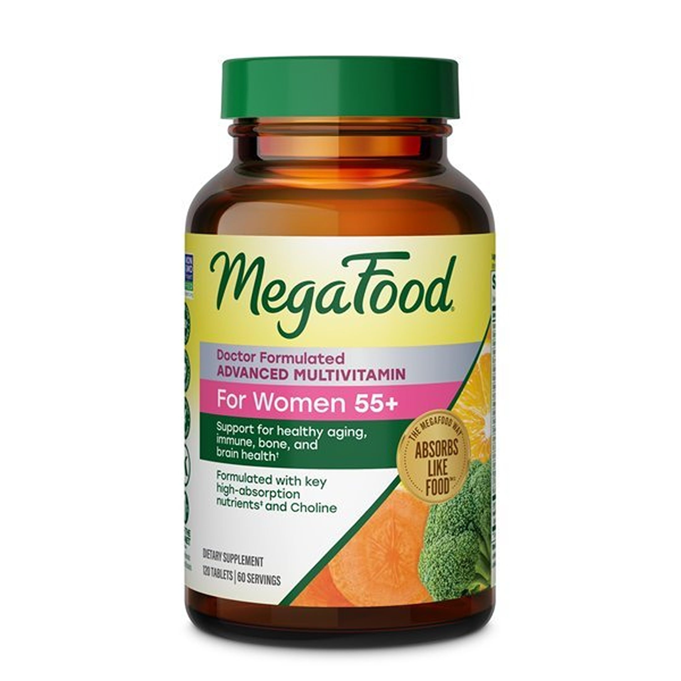 MegaFood frasco frontal mostrando 120 tabletas y facilidad de uso
