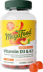 MegaFood frasco frontal de gomitas D3 K2 mostrando sabor durazno y diseño