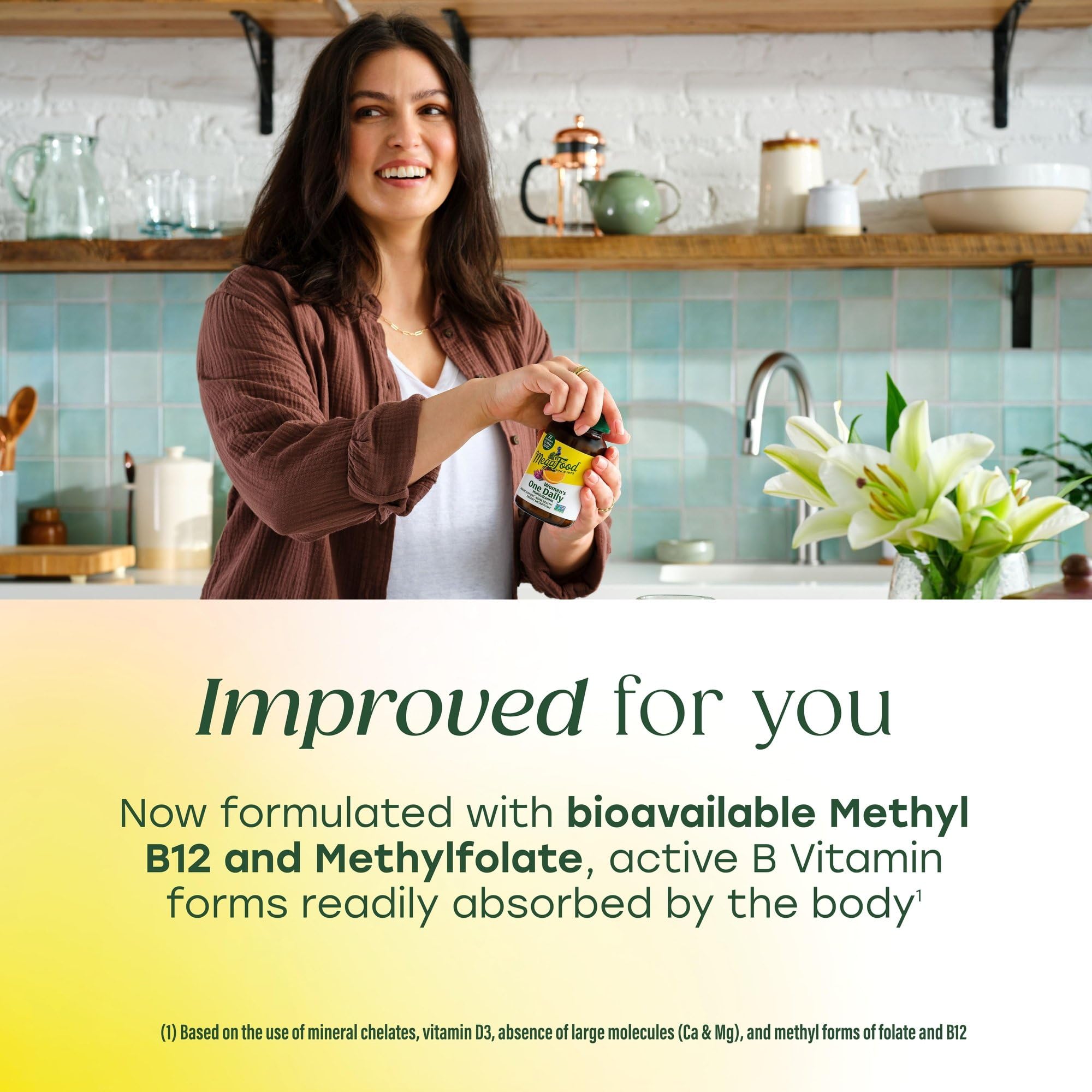 MegaFood tablet in hand demonstrating single-dose convenience for daily routine
