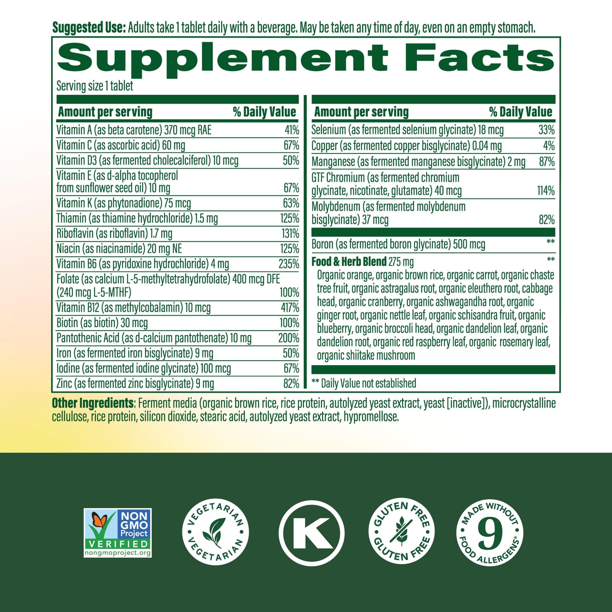 MegaFood supplement facts and ingredients label highlighting 22 nutrients and iron content
