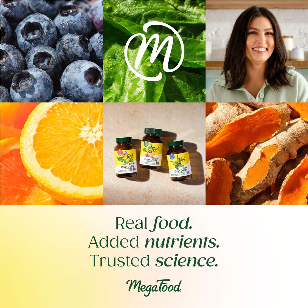 MegaFood producto junto a frutas y verduras que refuerzan origen alimentario