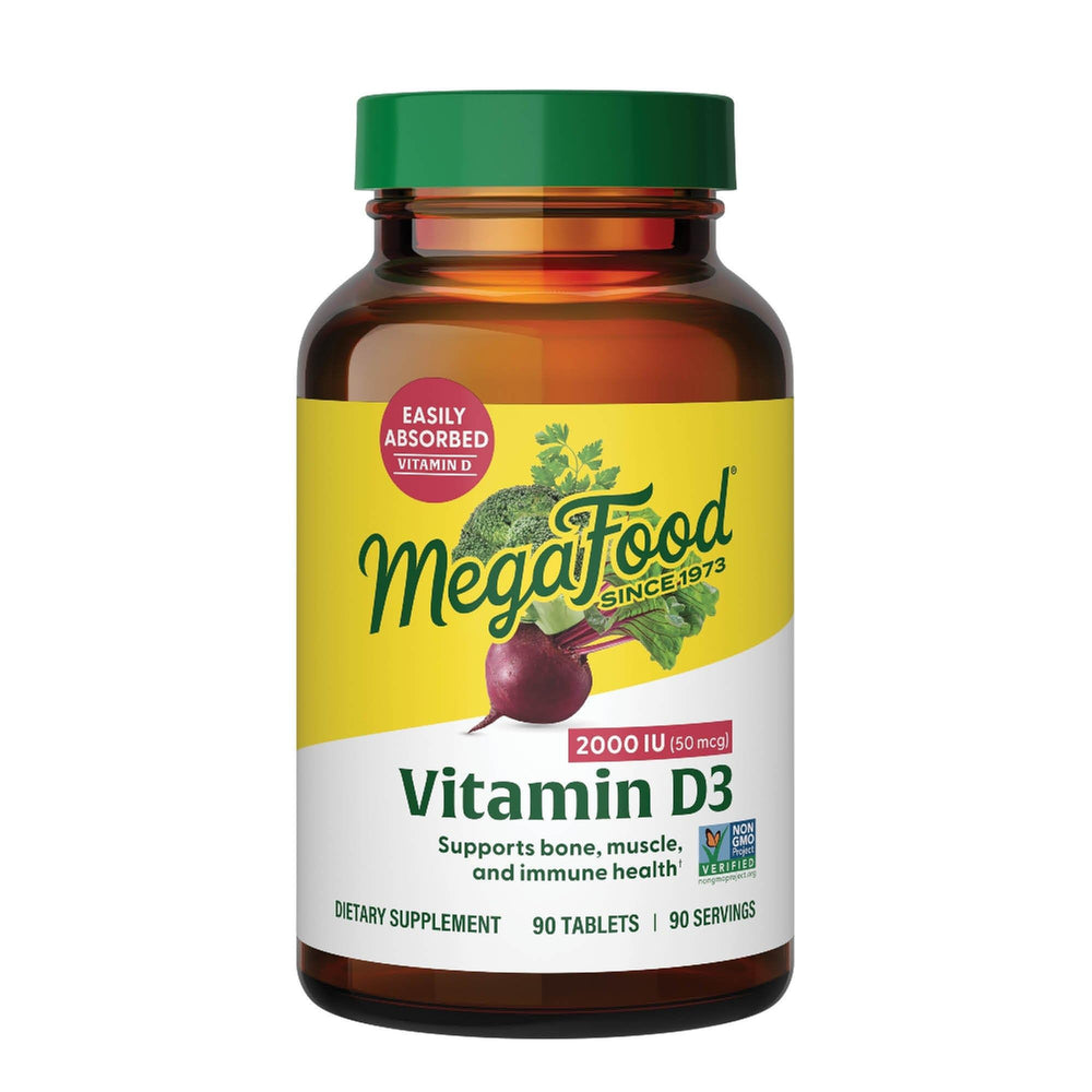 MegaFood frasco frontal de Vitamin D3 2000 IU que facilita suplementación diaria