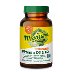 MegaFood frasco frontal de Vitamin D3 & K2, presentación 120 cápsulas y beneficio claro