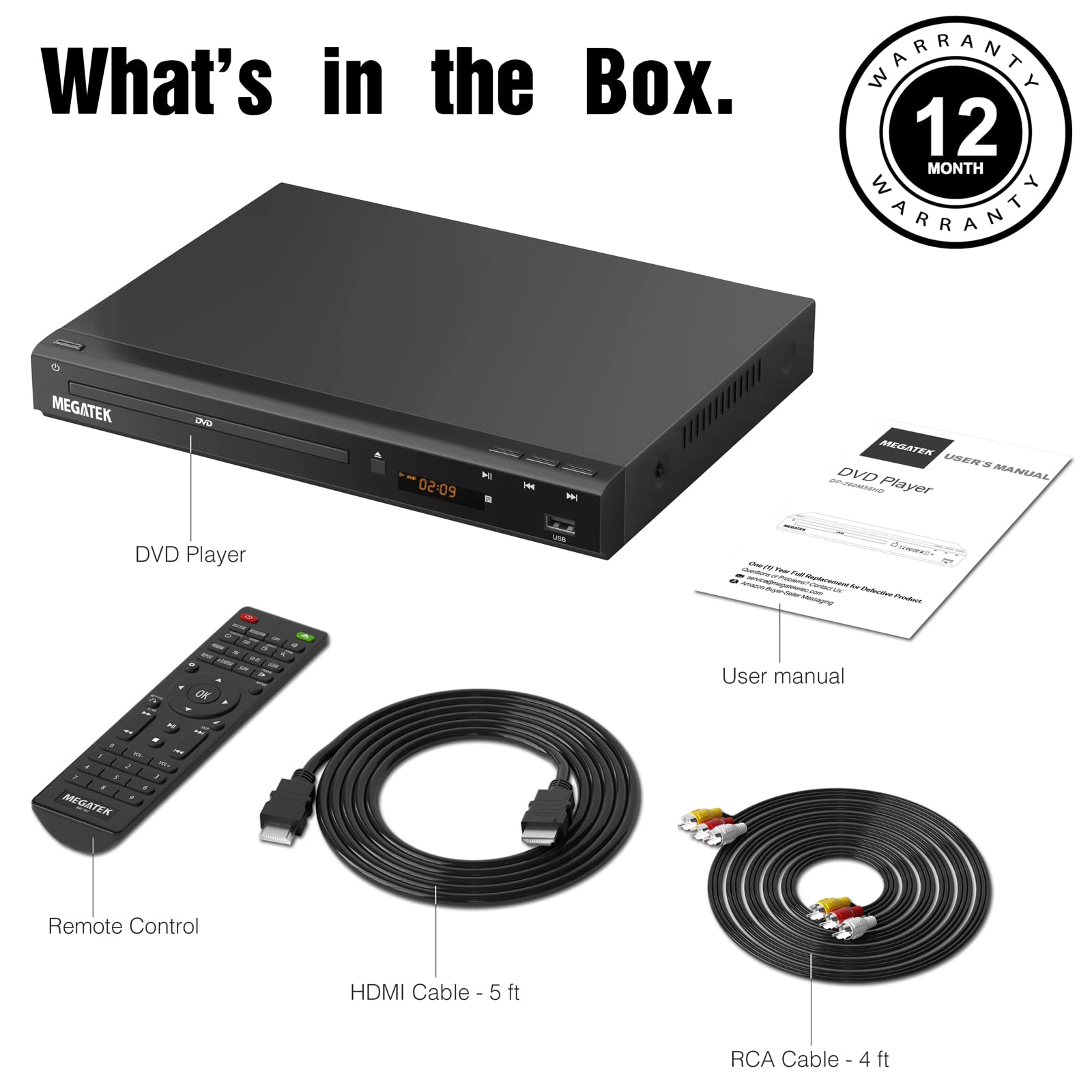 MEGATEK caja con cables HDMI, RCA y manual listos para usar
