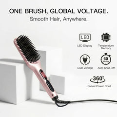 MEGAWISE cepillo en uso alisando mechón y reduciendo frizz para acabado liso