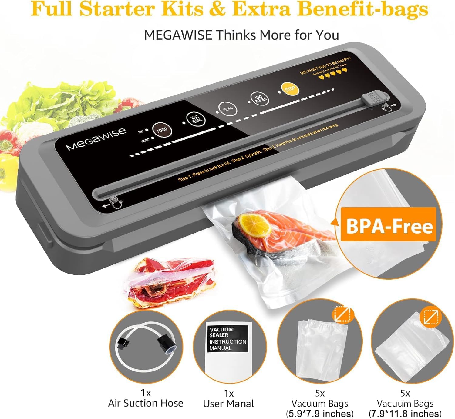 MegaWise en uso sellando una bolsa con carne marinada usando modo Vac Pulse para control de jugos