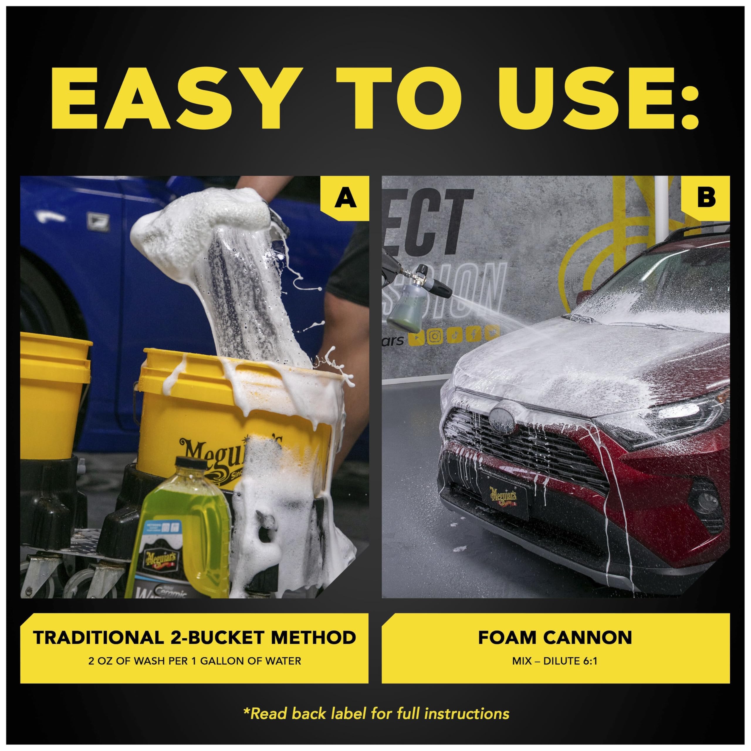 Meguiar's botella 48 oz junto a objetos para comparar tamaño y dosificación visual