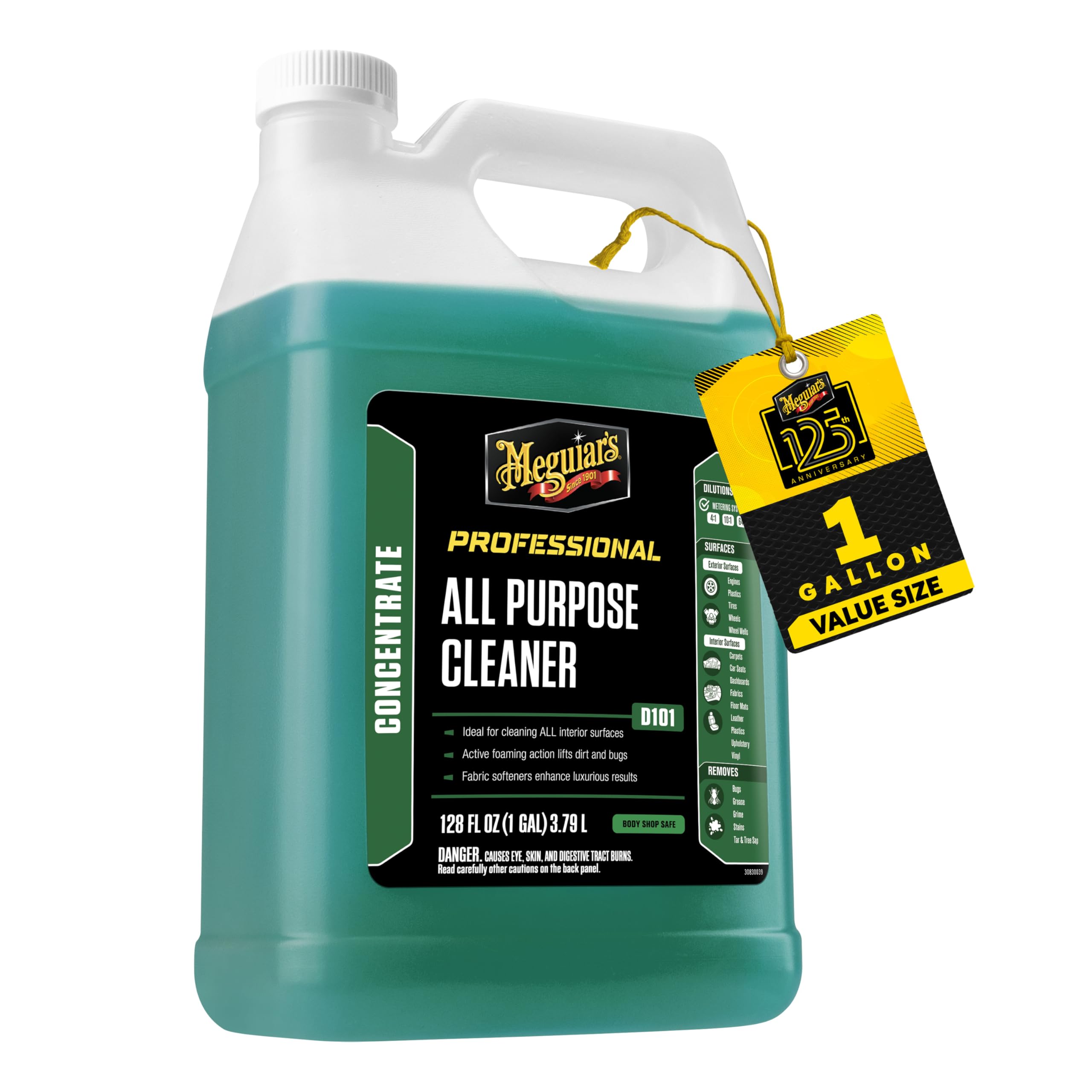 Meguiar's envase frontal de 1 galón mostrando etiqueta y marca, transmite confianza