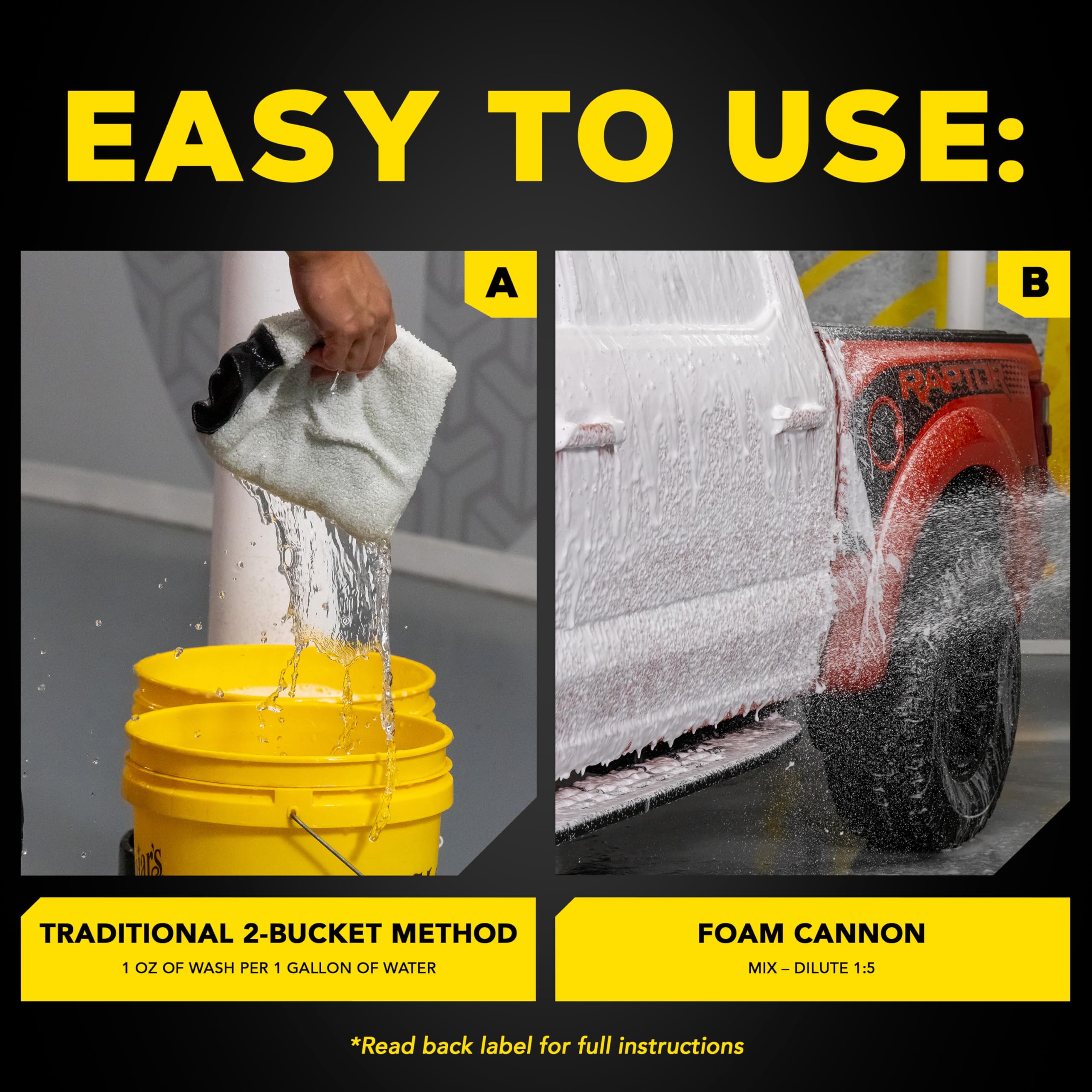 Meguiar's etiqueta con instrucciones y proporciones para uso correcto