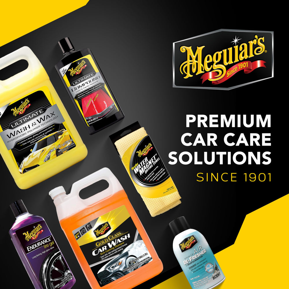 Meguiar's escena lifestyle con coche brillante tras lavado y acondicionador