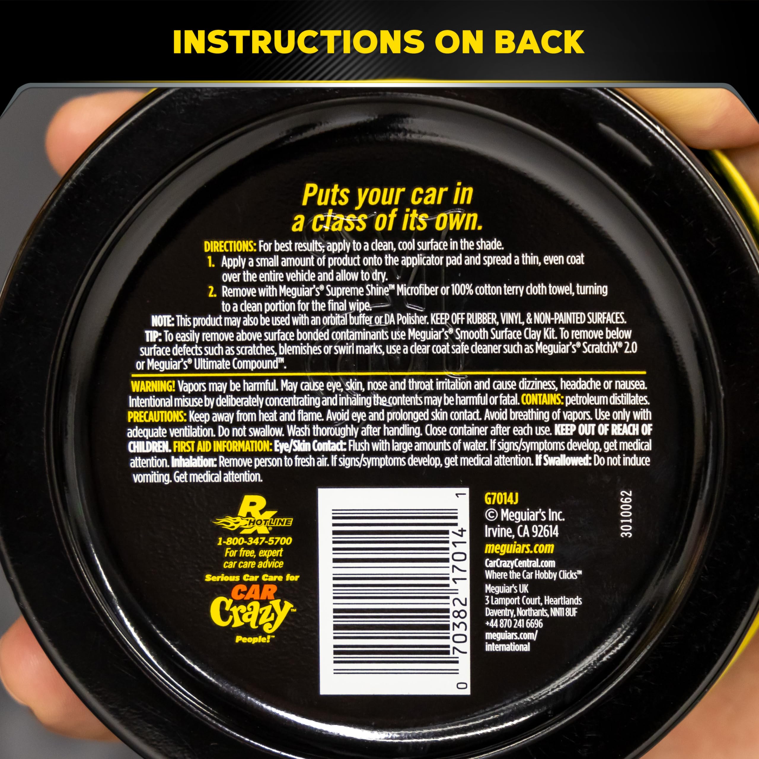 Meguiar's etiqueta y lista de ingredientes visibles, confianza en el contenido