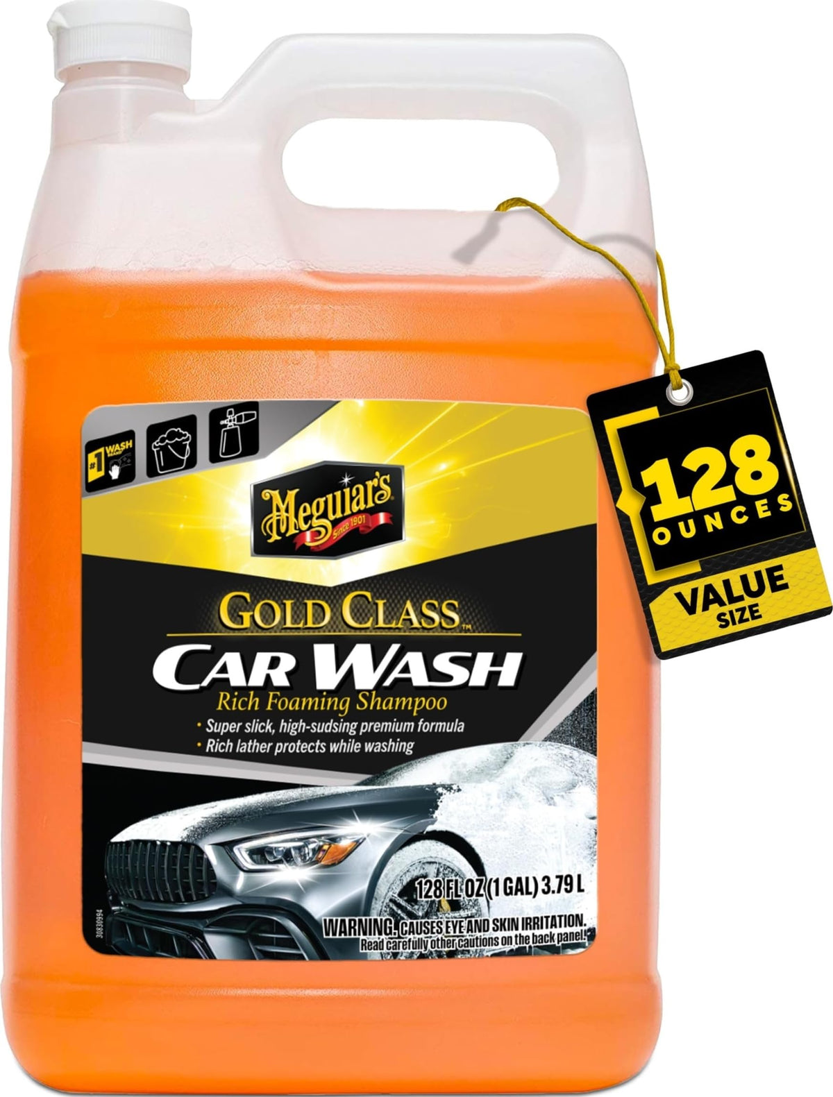 Meguiar's envase frontal de 1 galón mostrando etiquetado y uso profesional