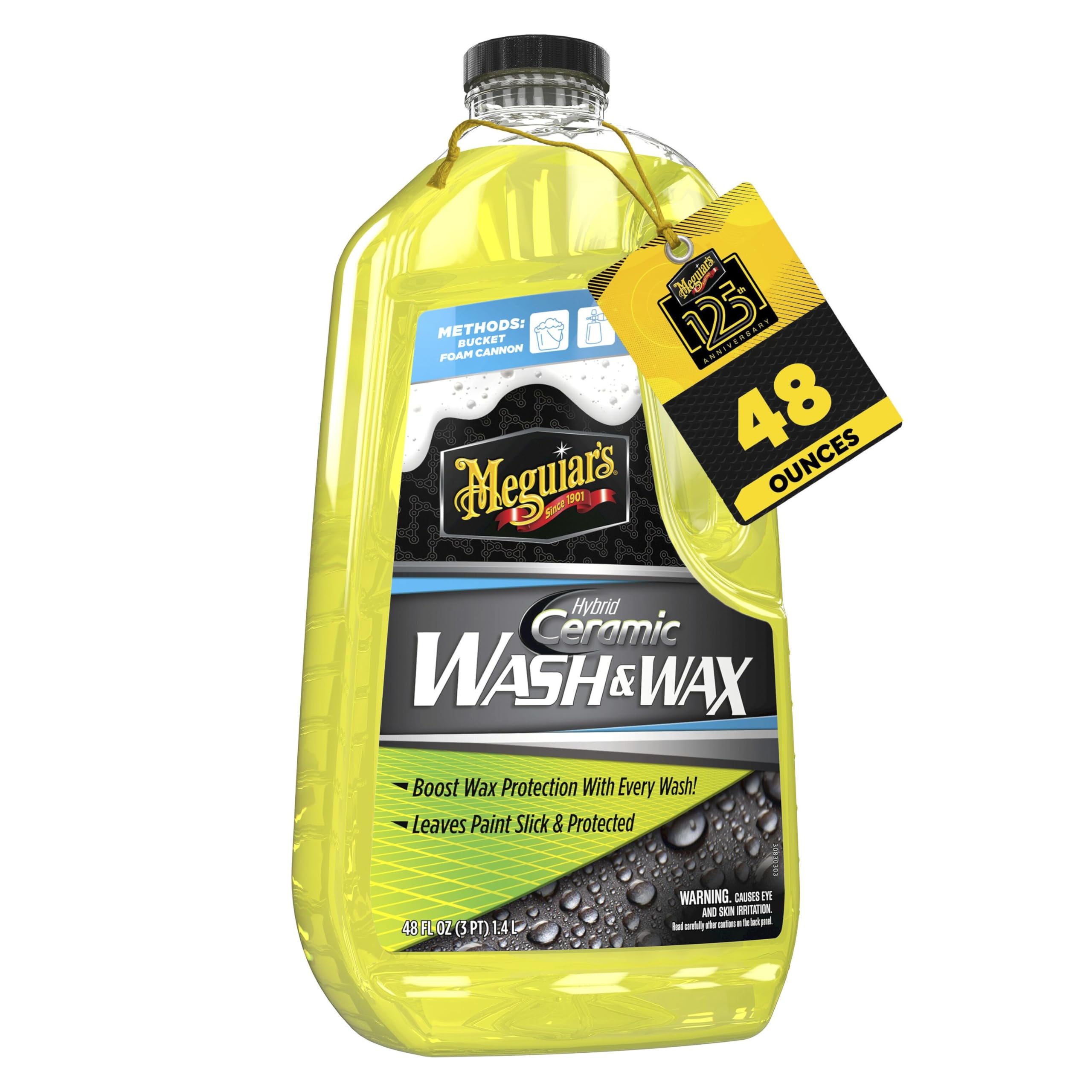 Meguiar's botella frontal mostrando etiqueta y volumen 48 oz para identificación rápida