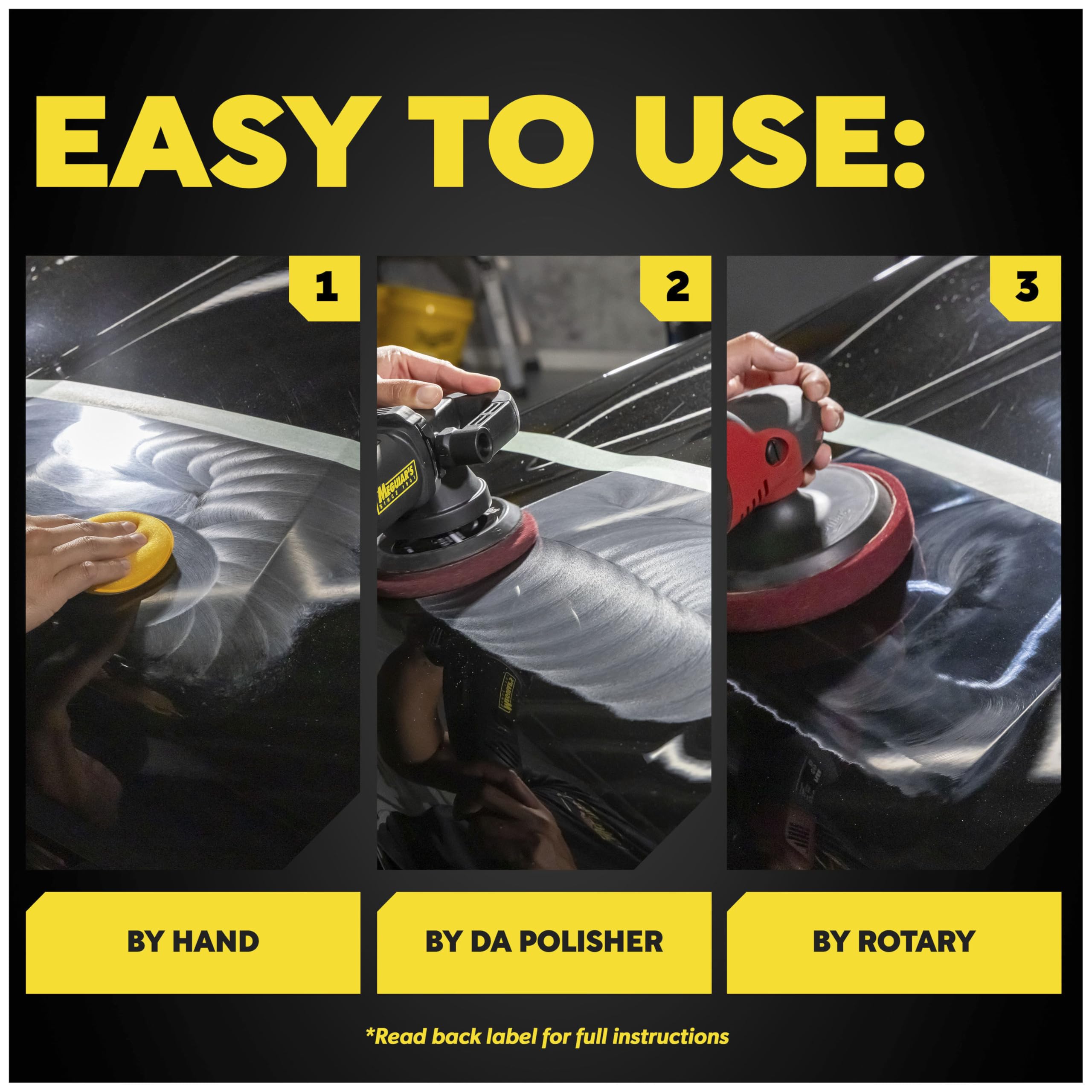 Meguiar's envase 8oz junto a herramientas para referencia de tamaño