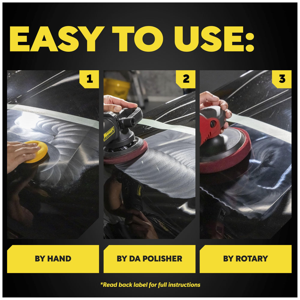Meguiar's envase 8oz junto a herramientas para referencia de tamaño