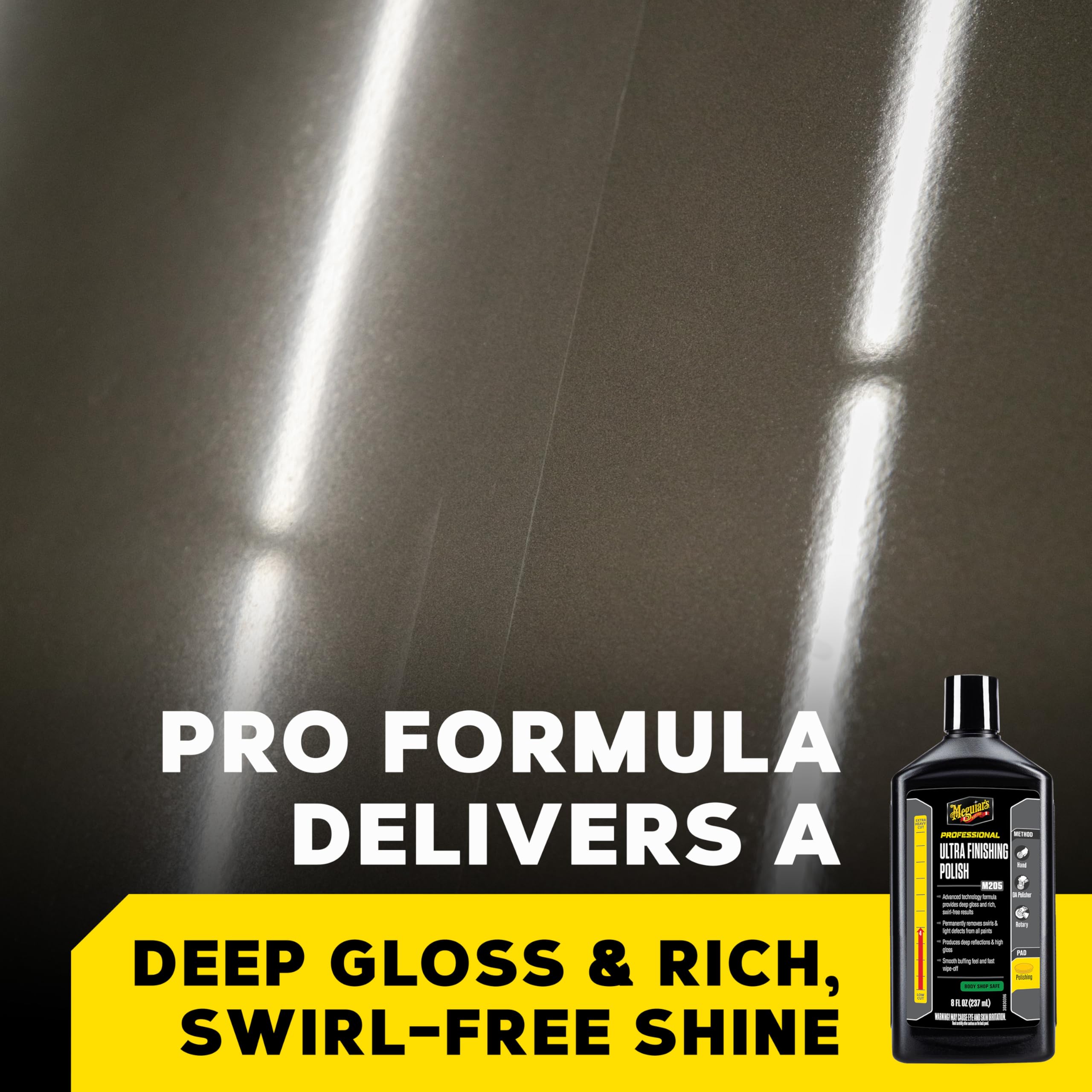 Meguiar's M205 comparación antes y después que muestra eliminación de remolinos