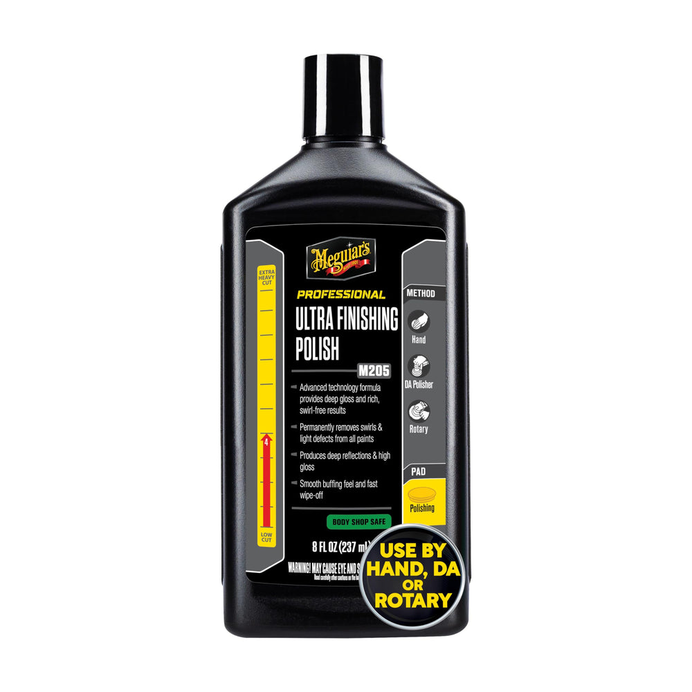 Meguiar's M205 en uso con pulidora DA demostrando eficiencia y acabado parejo