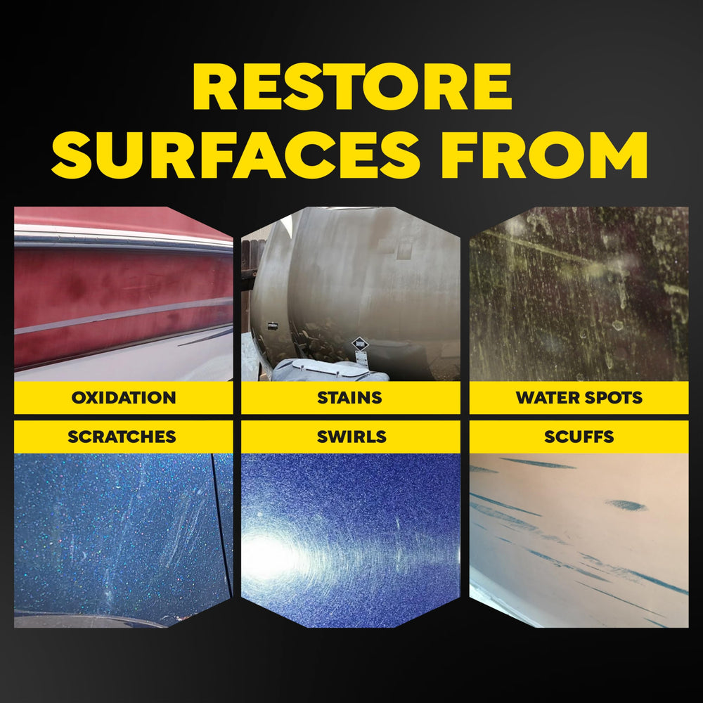 Meguiar's M49 comparación antes y después en gel coat que evidencia recuperación de color