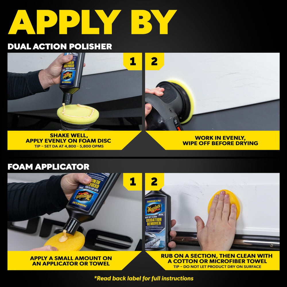 Meguiar's M49 envase 16 oz junto a mano para referencia de tamaño y facilidad de uso