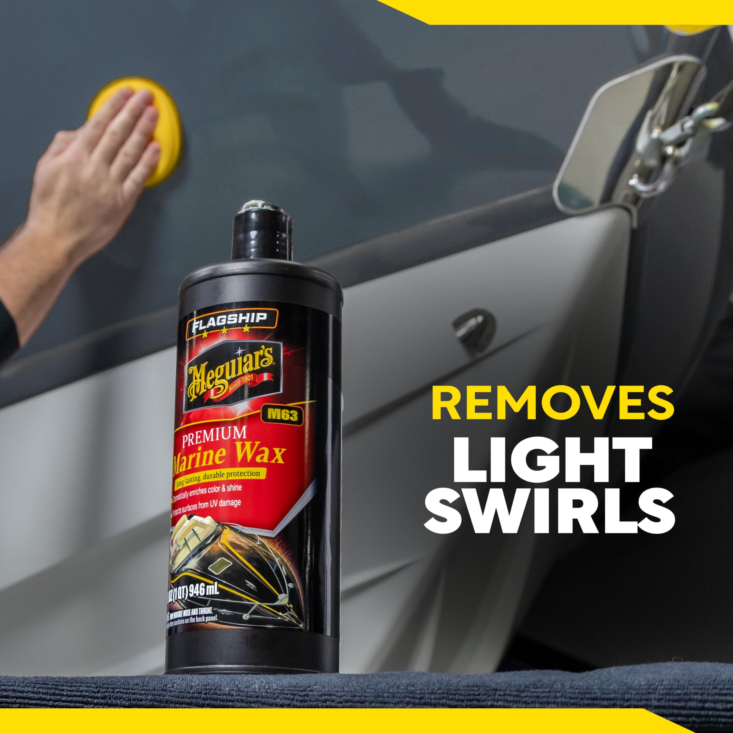 Meguiar's envase junto a regla para comparar tamaño y rendimiento