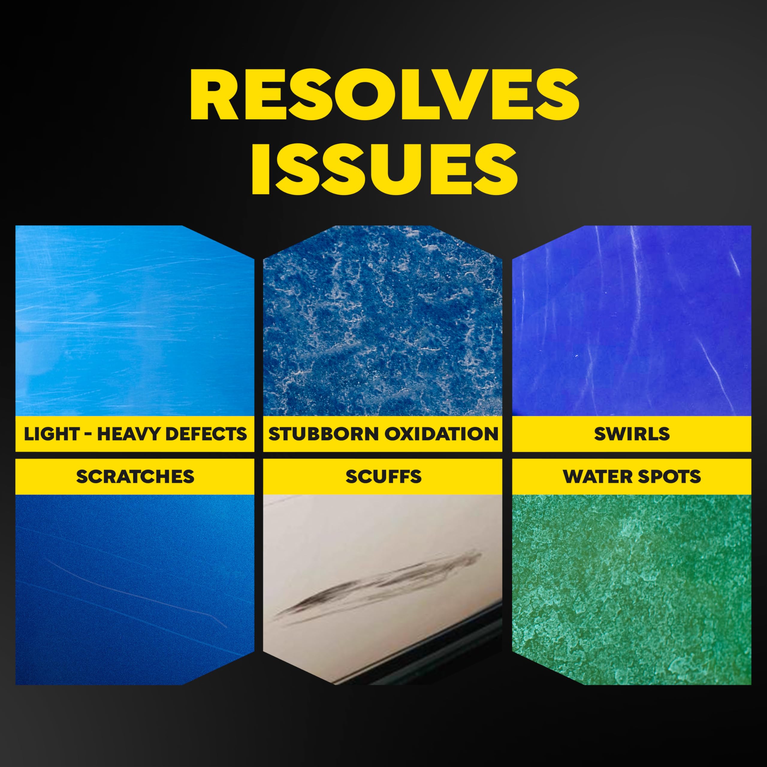 Meguiar's M67 comparación antes y después en panel de fibra de vidrio revelando color vivid