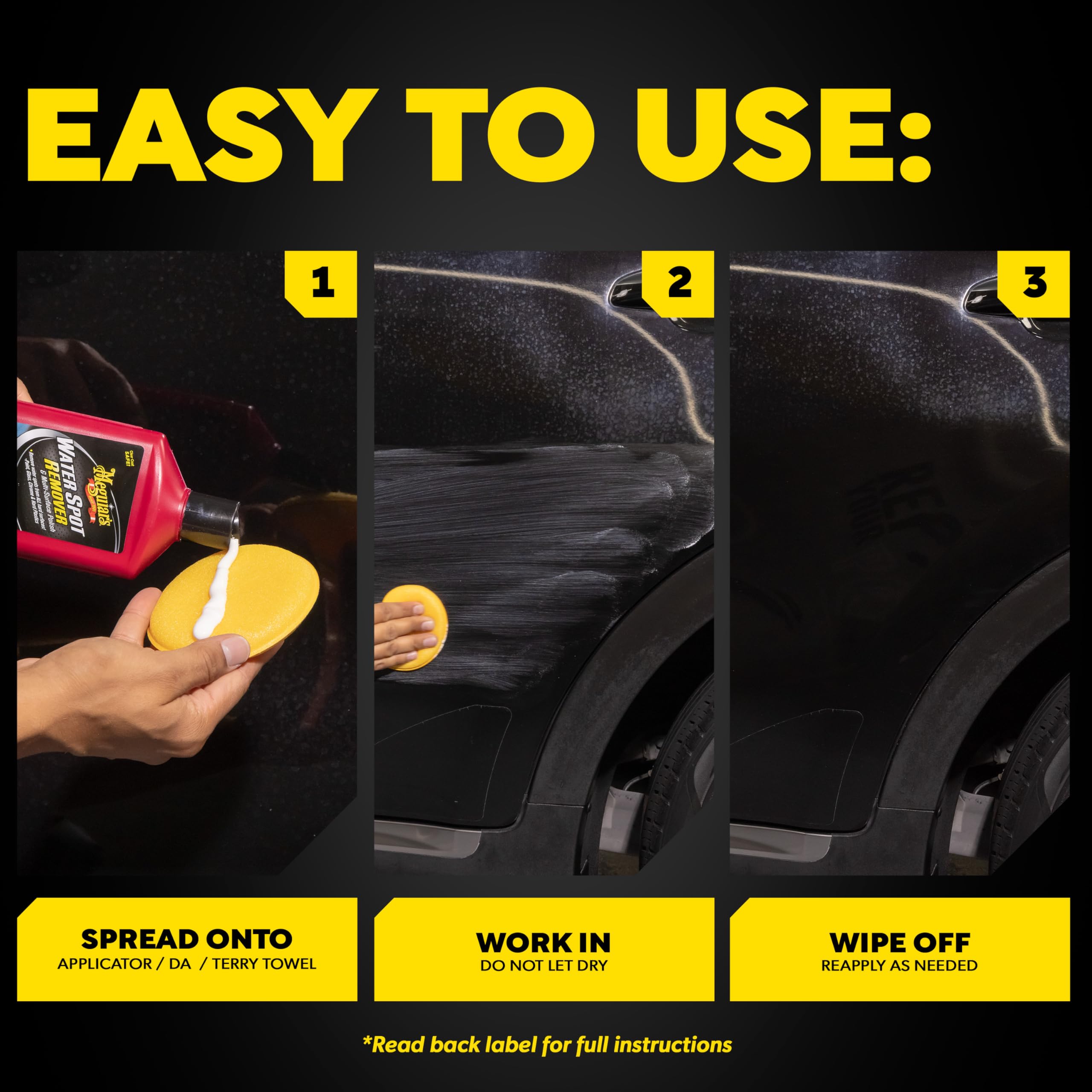 Meguiar's frasco 16 oz frente a mano para comparar tamaño práctico