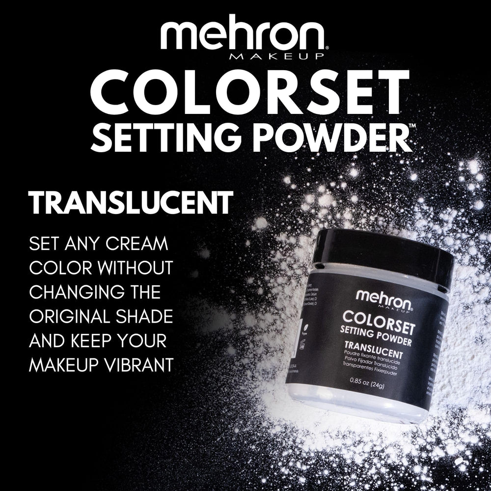 Mehron Makeup polvo fijando maquillaje en modelo con resultado natural