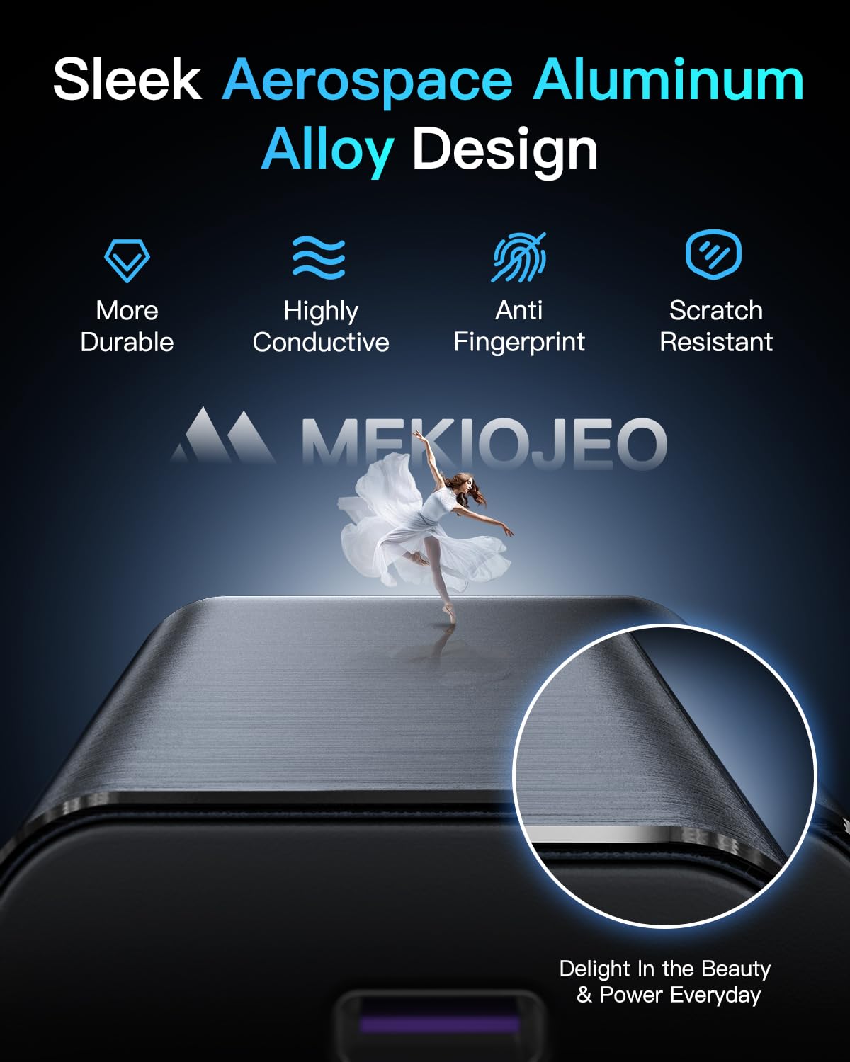 MEKIOJEO primer plano de puertos USB-C y USB-A con distribución inteligente