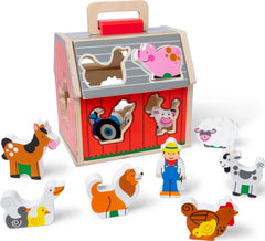 Melissa & Doug barn front view showing sturdy wood and colorful cutouts for quick play