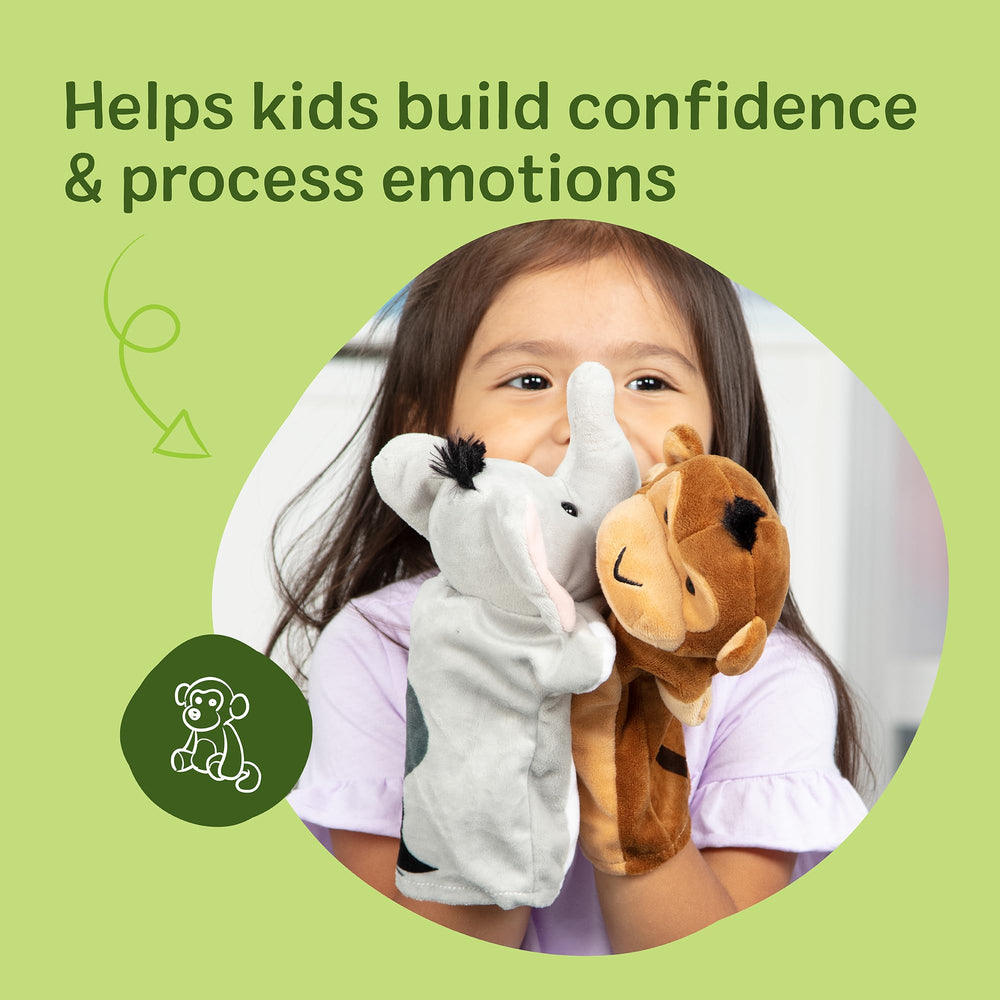 Melissa & Doug marioneta elefante primer plano facilitando narración y afecto
