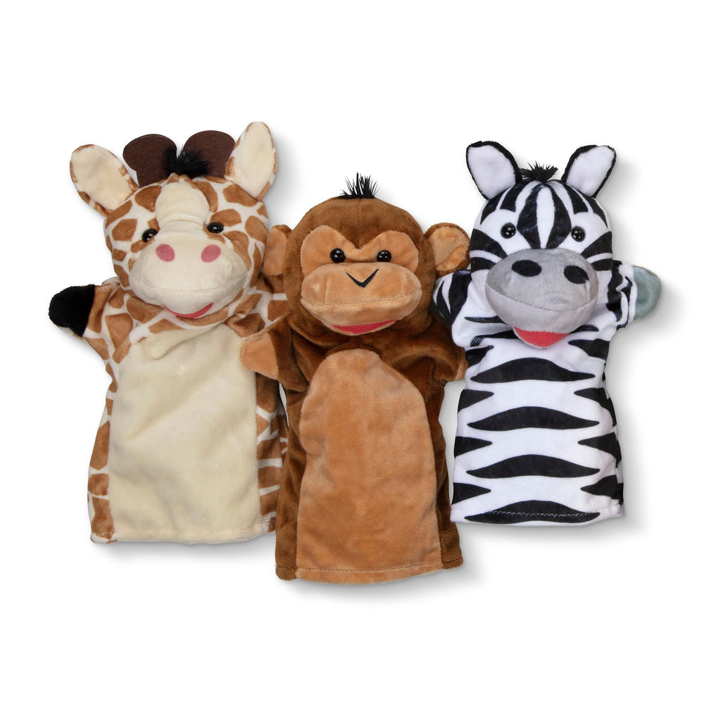 Melissa & Doug marionetas apiladas mostrando almacenamiento compacto y orden