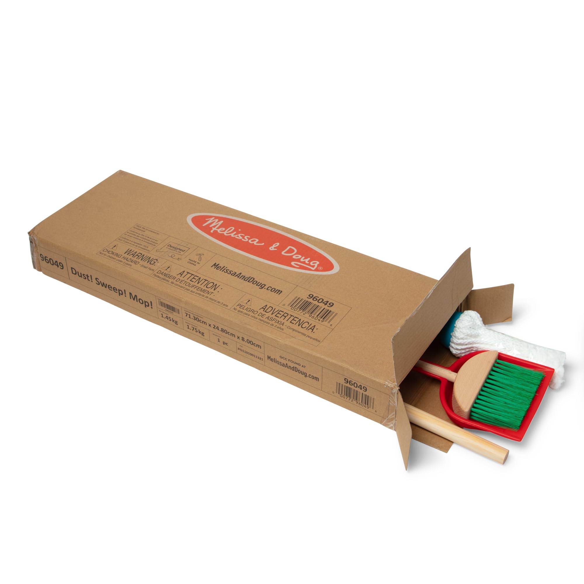 Melissa & Doug plumero cercano mostrando fibras suaves y limpieza segura para juego