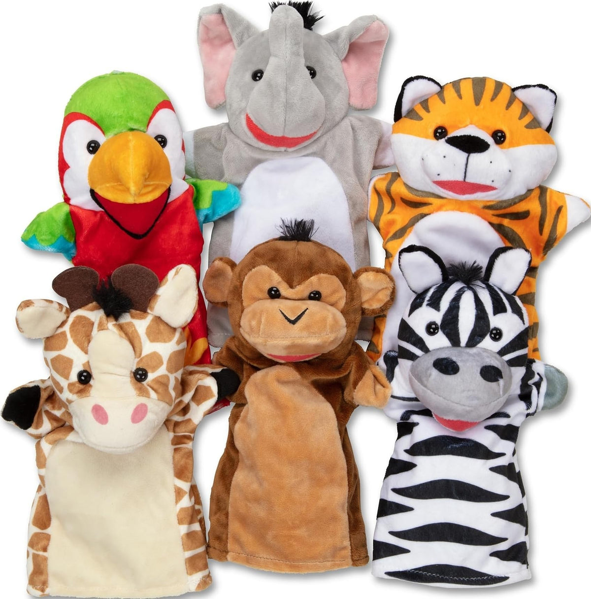 Melissa & Doug set safari frontal mostrando las seis marionetas y promoviendo juego abierto