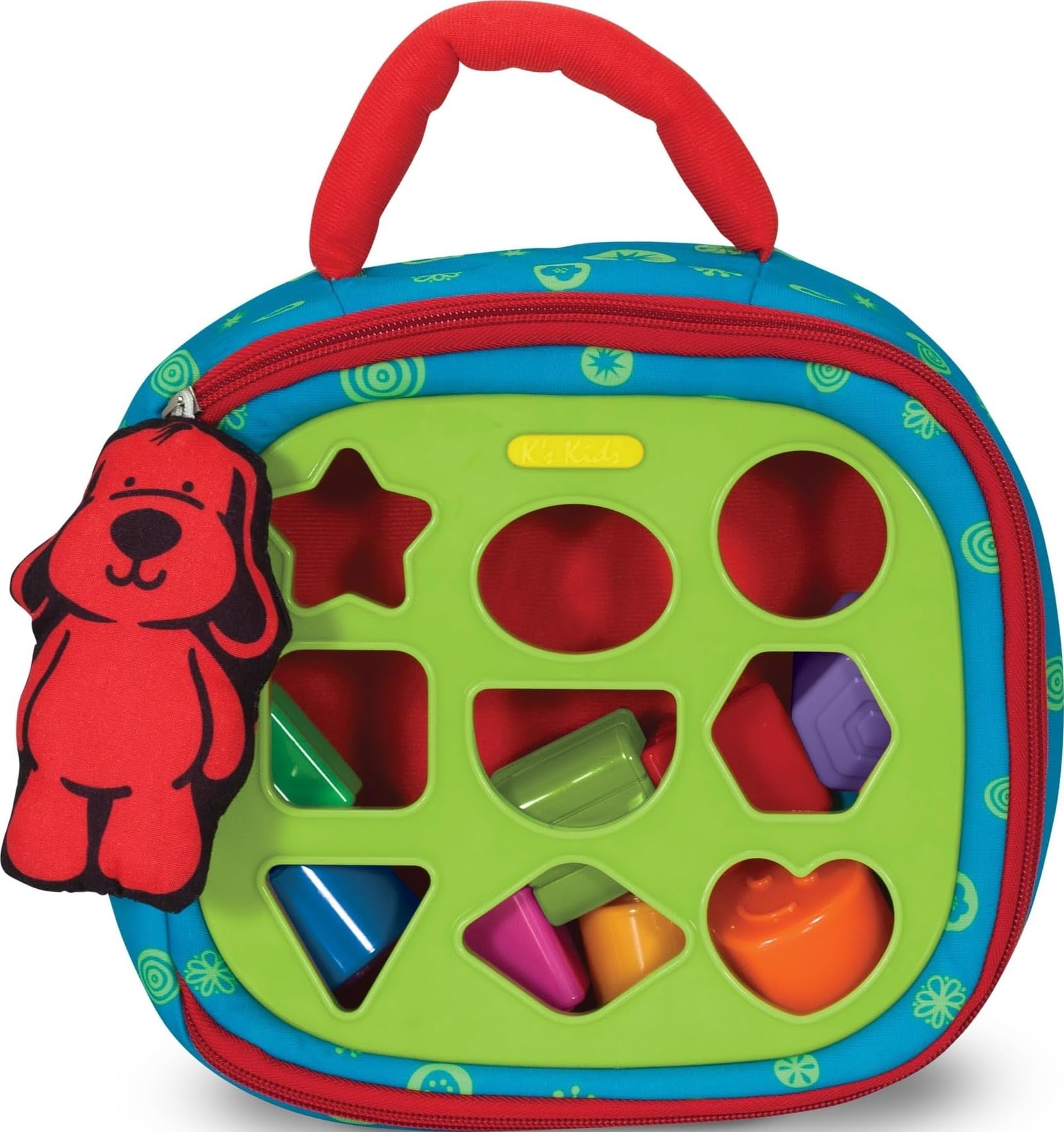 Melissa & Doug front view of soft take-along shape sorter showing handle and colorful flaps for portable play