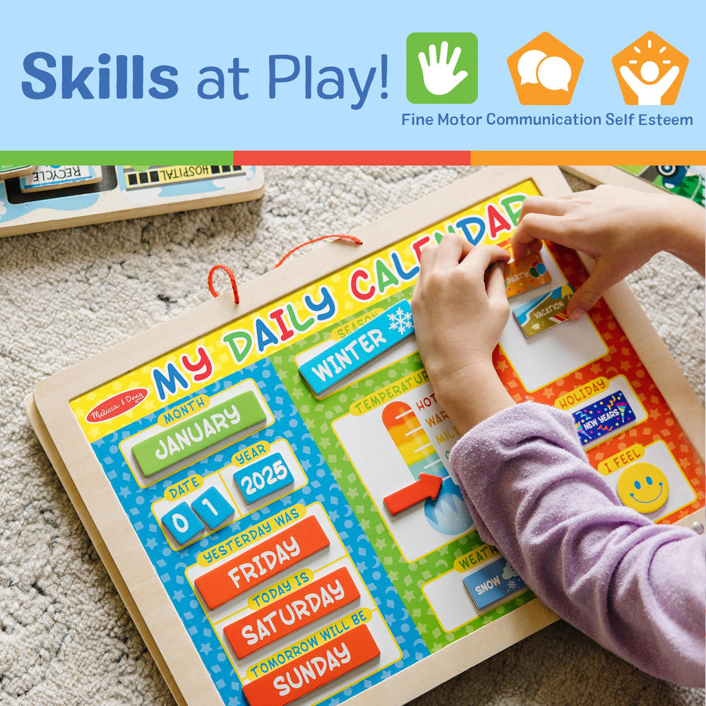 Melissa & Doug tablero en aula con niños, uso colaborativo y rutina escolar