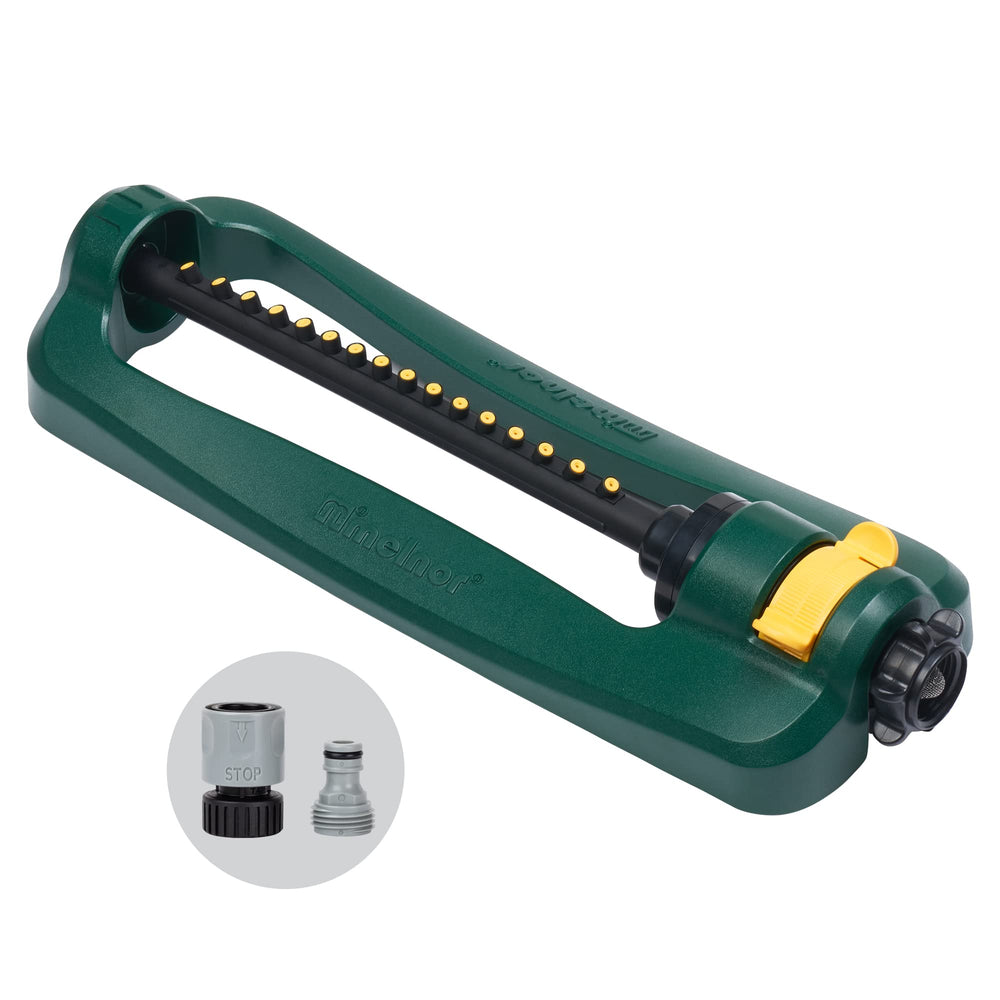 Melnor aspersor frontal mostrando diseño robusto y cobertura uniforme