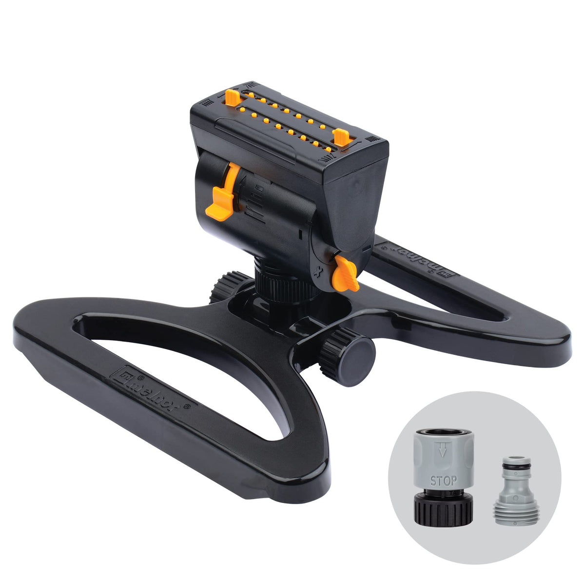 Melnor MiniMax Turbo frente mostrando diseño compacto y cobertura eficiente