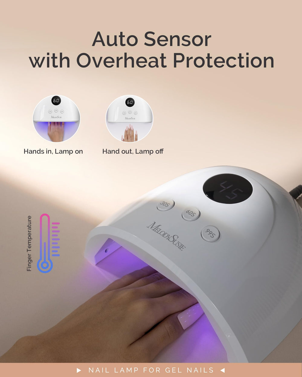 MelodySusie lámpara en uso con mano dentro, sensor automático práctico