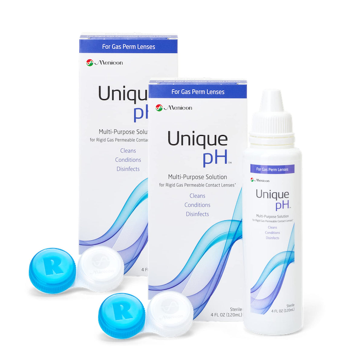 Menicon Unique pH frente del frasco mostrando volumen y marca, limpieza confiable