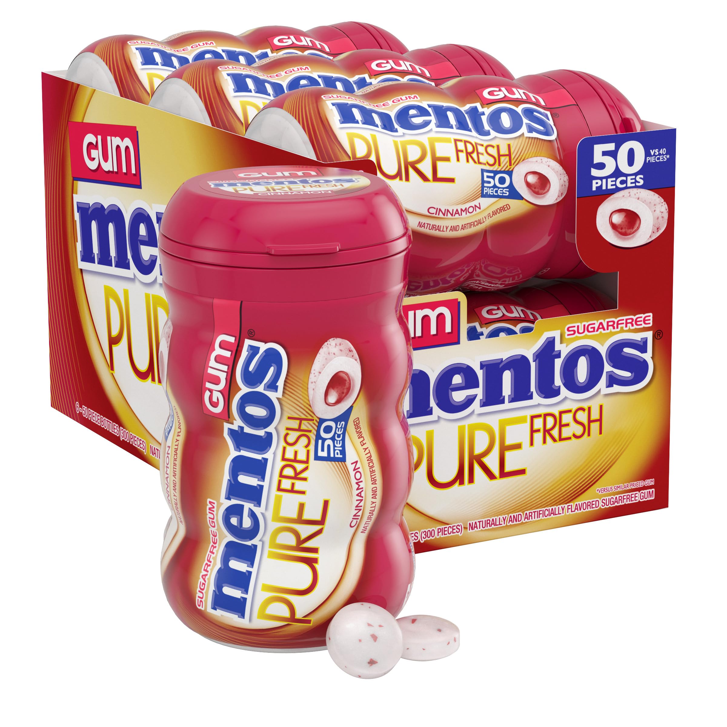 Mentos bote frontal Cinnamon mostrando etiqueta y beneficio de frescura