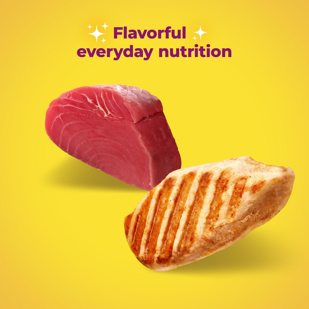 Meow Mix alimento servido en plato promoviendo alimentación organizada