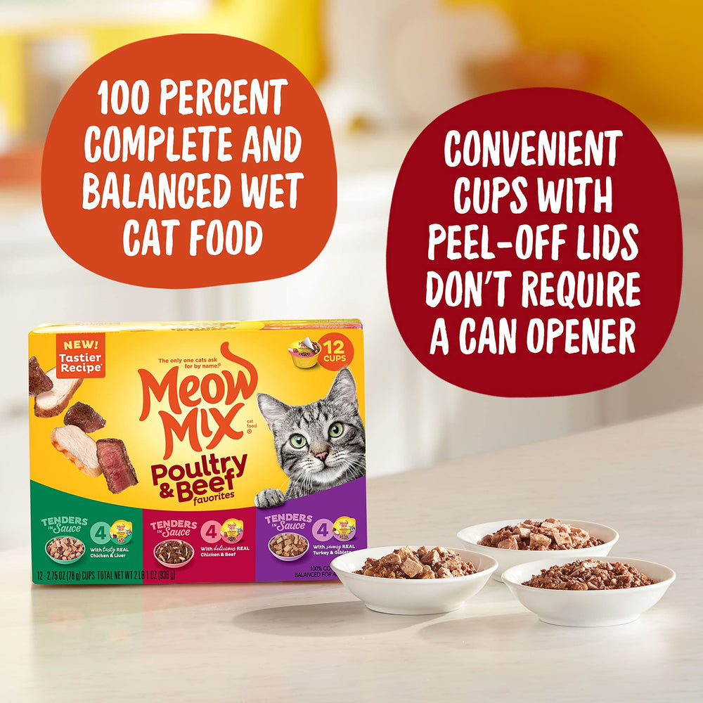 Meow Mix etiqueta con ingredientes y guía de alimentación clara