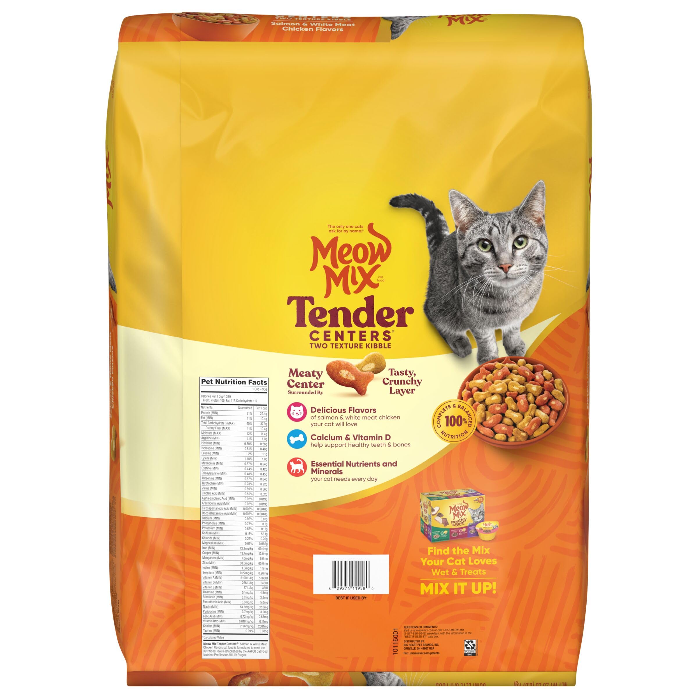 Meow Mix etiqueta nutricional destacando vitaminas y apoyo dental