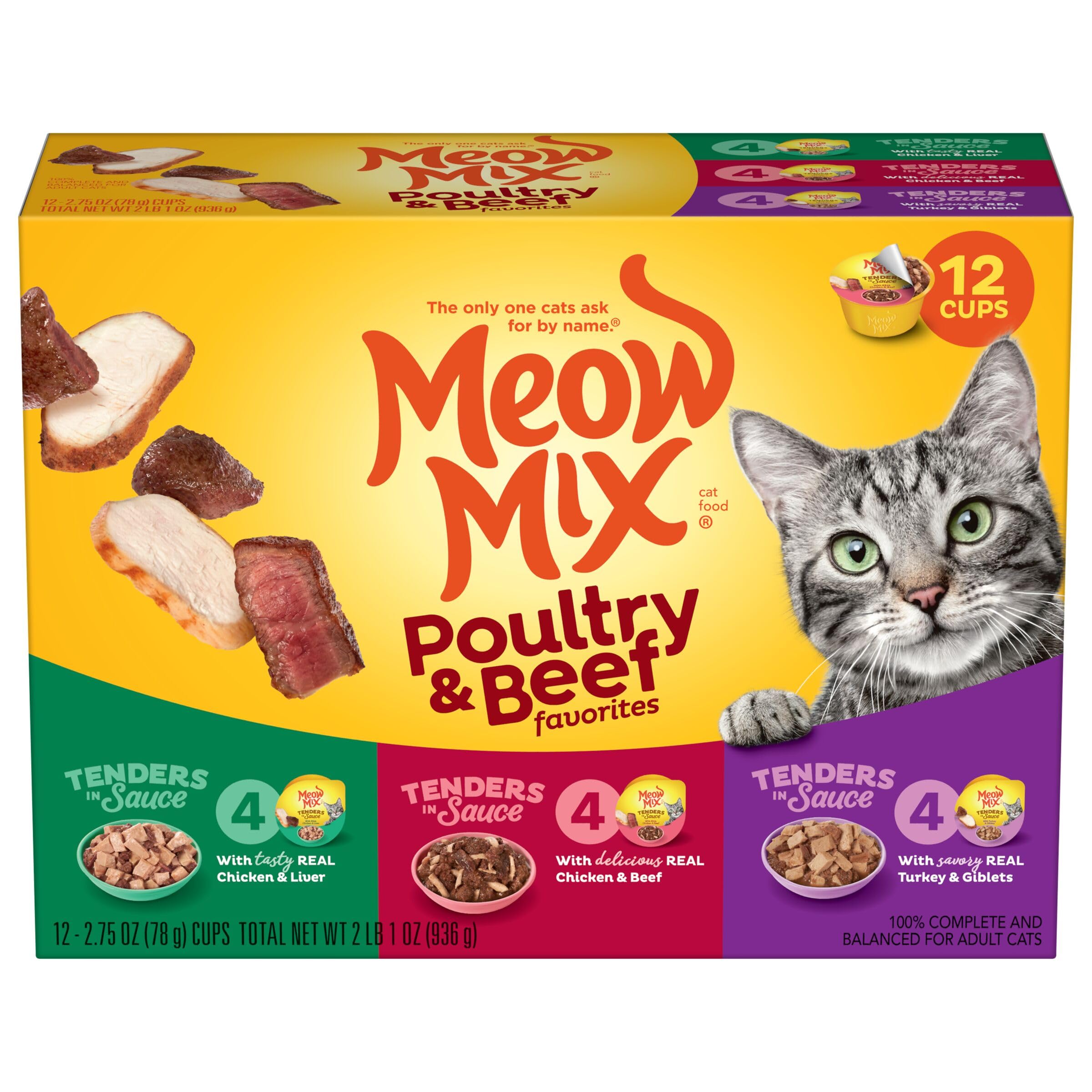 Meow Mix empaque frontal mostrando las 48 porciones y beneficios