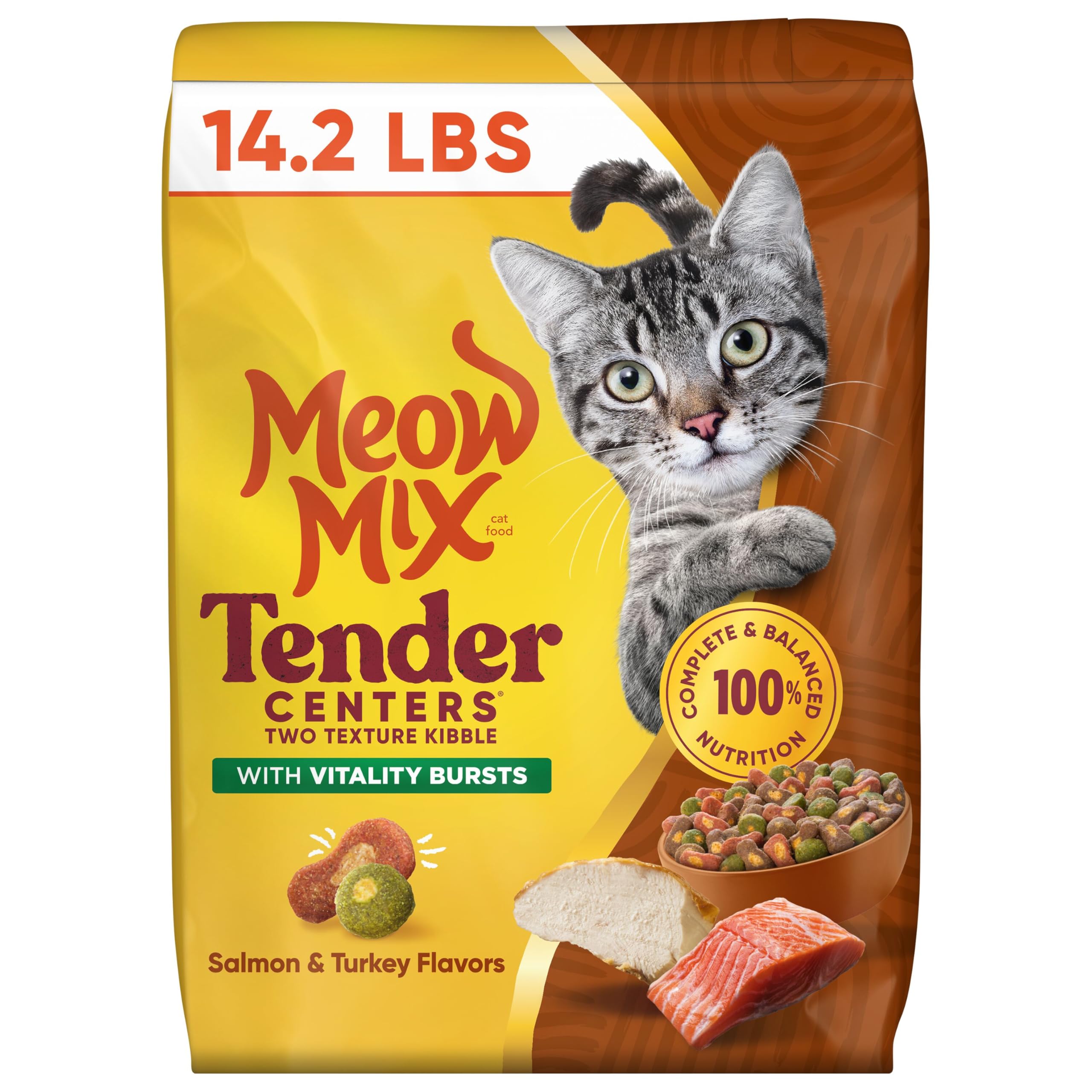 Meow Mix frente del empaque mostrando diseño y tamaño práctico