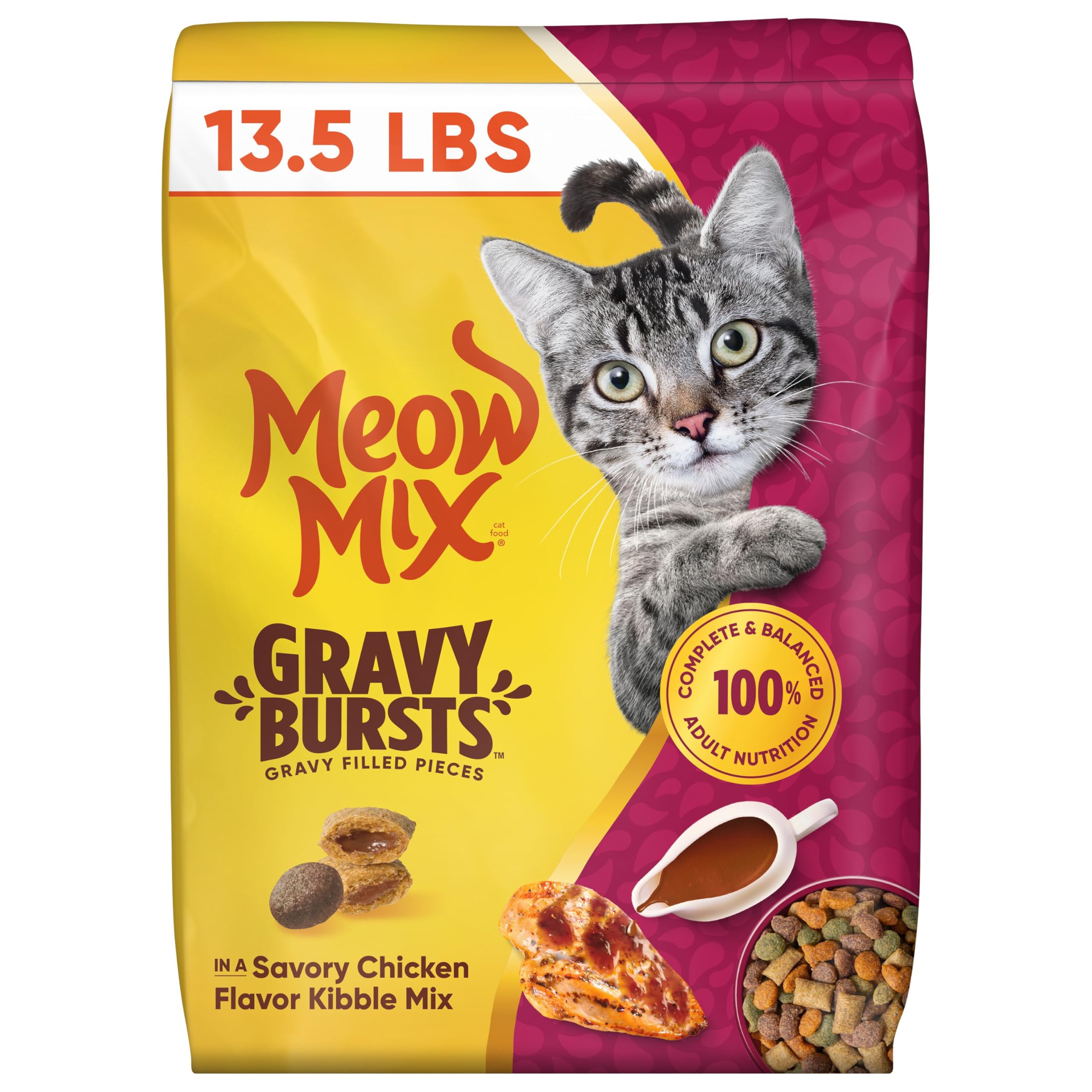 Meow Mix frente del saco mostrando el diseño y beneficio de sabor